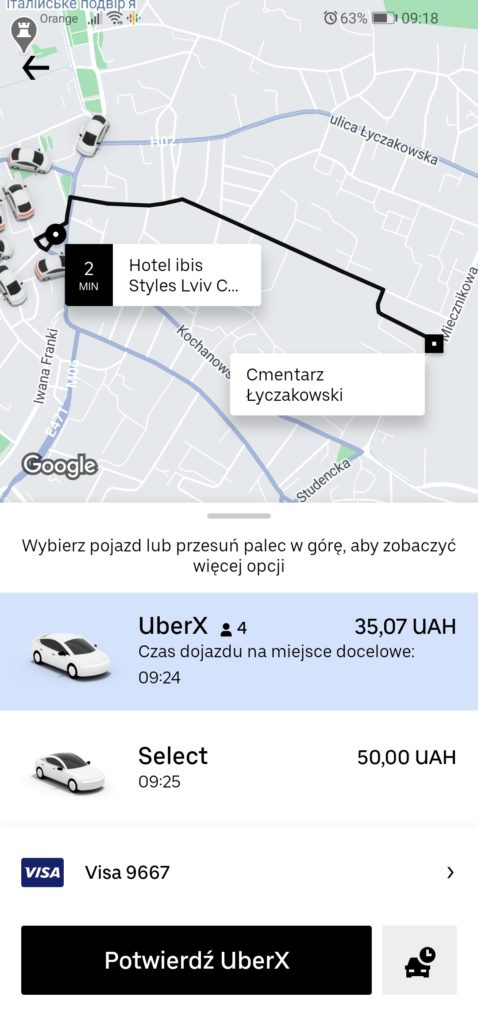 Uber - zamawianie prejazdu